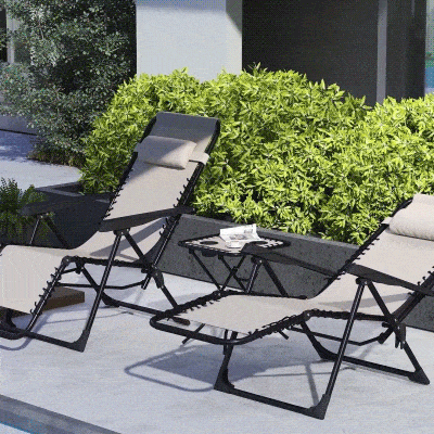 Outsunny Gartenliege Set 3-TLG. Sonnenliege mit Teetisch 2 Liegestühle Kissen, Outdoor Liege 90x56x110 cm Beige