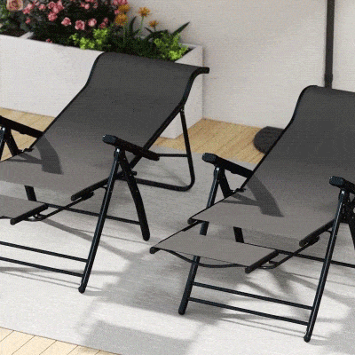 Outsunny Conjunto de 2 Cadeiras Dobráveis Reclináveis de Jardim Exterior com Encosto Alto Ajustável em 5 Posições Apoio para Pés Cinza Escuro