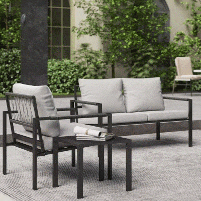 Outsunny Gartenmöbel Set 4 Personen wetterfest Balkonmöbel-Set mit 2er Sofa, Sessel Sitzkissen Beistelltisch Hellgrau