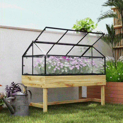 Outsunny Mini Estufa com Pés dim.  120L x 60l x 103H cm duplo teto abrível Painéis de Policarbonato, aço, Madeira de pinho tratada