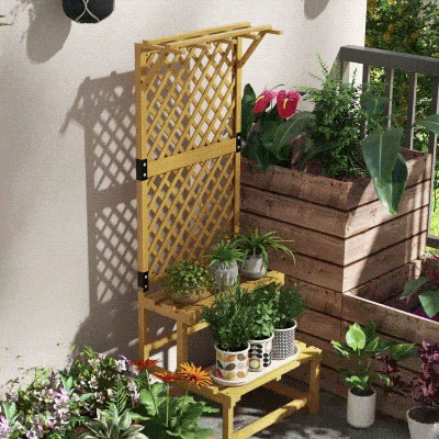 Outsunny Pflanzenständer, Blumenregal, 2 Etagen, mit Spalier & Dach, Tannenholz, 60x50x166cm, Gelb