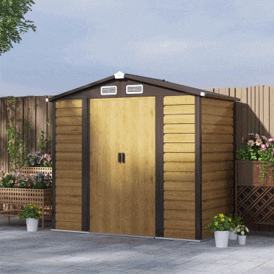 Outsunny Cobertizo Metálico para Jardín 213x120x166/194 cm con Base Refuerzo Puertas Correderas y Ventilaciones Roble