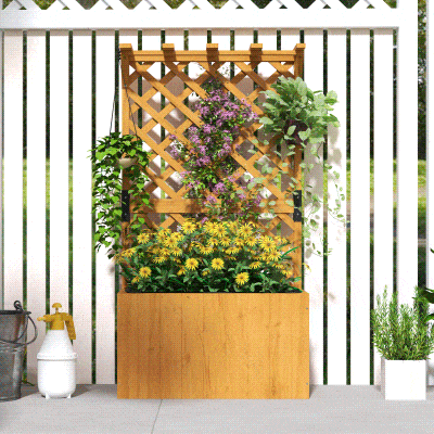 Outsunny Huerto elevado con caja de plantación y enrejado, macetero de madera, enrejado para jardín 64x33x122 cm Madera Natural