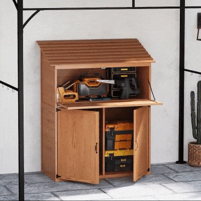 Outsunny Tuinopbergkast met Uitklapbare Tafel, Werkzeugschuur met Dak 110 x 54 x 136 cm, Vurenhout, Bruin