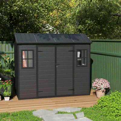 Outsunny Abrigo de Jardim Exterior 2,77 m² 244x131x201 cm com Base, Portas com Fecho, Janelas e Ventilação, Cinzento Escuro