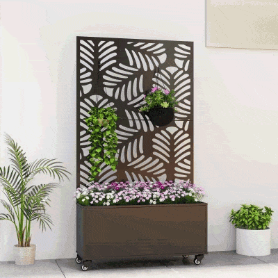 Outsunny Floreira Exterior Grande com Rodas e Painel de Privacidade com Folhas de Monstera Estrutura de Metal 90x30x160 cm Preto