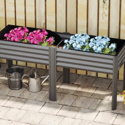 Outsunny Canteiro Elevado de Metal Caixa de Plantio Extra Grande com Travessas de Reforço e Forro em Tecido Não Tecido 180x55x80 cm Cinza Escuro