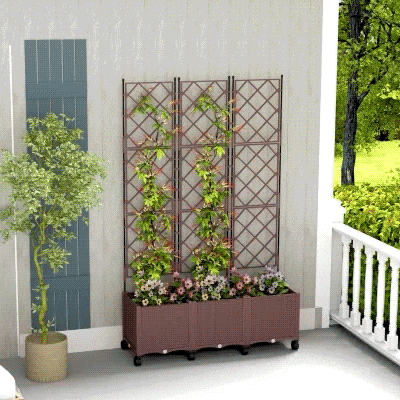 Outsunny Fioriera Rialzata 130L con Traliccio e Ruote Marrone