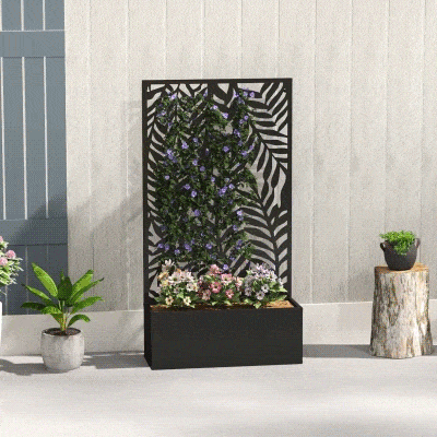 Outsunny Jardineira com Tela de Privacidade e Treliça com Motivos de Folhas Tropicais 61x23x113 cm Preto