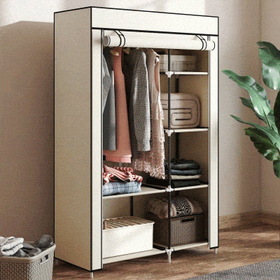 HOMCOM Kast van stof, opslagoplossing, 6 planken, 1 kledingstang, Beige