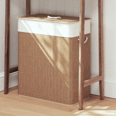 HOMCOM Cesto de Roupa com Tampa 100L de Bambu com 2 Compartimentos Bolsa Interior Amóvivel 52x32x63 cm Marrom e Creme