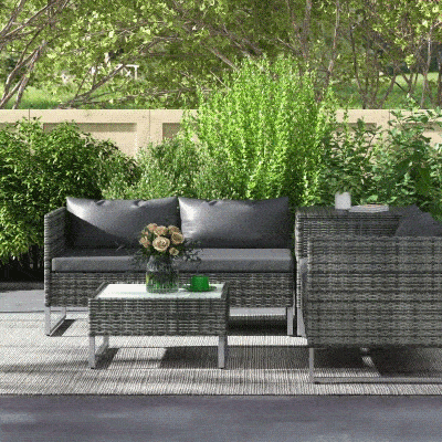 Outsunny Conjunto de 4 Móveis de vime para Jardim com 2 Sofás Duplos Mesa central mesa de baú e almofadas removíveis 132x69x64 cm Cinza