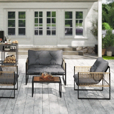 Outsunny Conjunto de Jardim Exterior de Vime Sintético com 2 Poltronas 1 Sofá de 2 Lugares 1 Mesa de Centro e Almofadas Cinzento