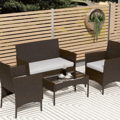Outsunny Conjunto de Muebles de Jardín de Ratán Sintético con Sofá Sillones y Mesa de Centro con Vidrio Templado y Cojines Marrón