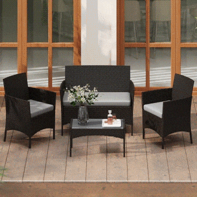 Outsunny Conjunto de Móveis de Jardim em Vime Sintético com Sofá Cadeirões e Mesa com Vidro Temperado e Almofadas Castanho e Cinzento