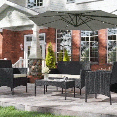 Outsunny Conjunto de Móveis de Jardim em Vime Sintético com Sofá Poltronas e Mesa de Vidro Temperado com Almofadas Preto e Creme