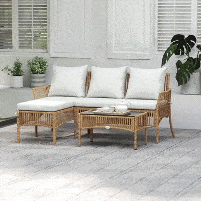Outsunny Conjunto de Jardim Exterior em Vime com 1 Sofá de 2 Lugares 1 Chaise Longue e 1 Mesa de Centro com Tampo de Vidro Creme