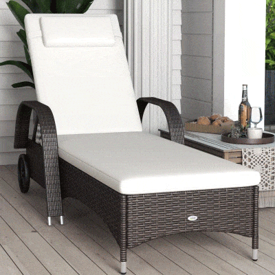 Outsunny Espreguiçadeira de Vime Jardim Espreguiçadeira com Encosto Ajustável em 5 Posições Almofadas Acolchoadas Apoio para a Cabeça e 2 Rodas 200x73x56-103cm Marrom e Bege