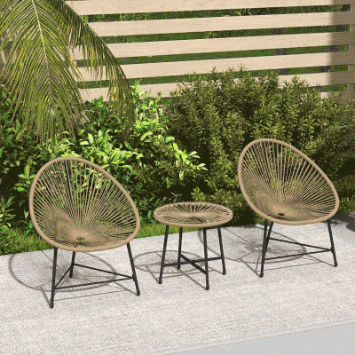 Outsunny Juego de Muebles de Jardín de 3 Piezas, 2 Sillas de Ratán Sintético, 1 Mesa con Tapa de Vidrio, Estructura de Acero, Muebles de Asientos al Aire Libre, Marrón Claro