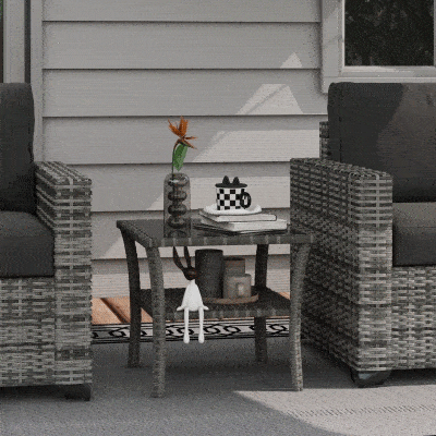 Outsunny Mesa de Vime Quadrada 50x50x45 cm Mesa de Jardim e Prateleira Tampo de Vidro Suporta 30 kg para Terraço Pátio Cinzento