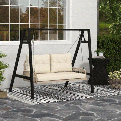 Outsunny Hollywoodschaukel 2-Sitzer Rattan Gartenschaukel mit Kissen Ketten bis 240 kg 115 x 66 x 44 cm Beige