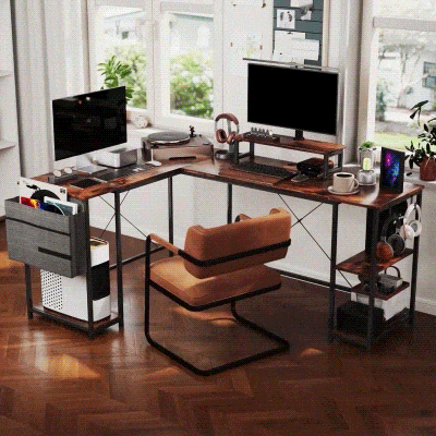 HOMCOM L-förmiger Schreibtisch, Vielseitiger Bürotisch mit einstellbaren Regalen und Aufbewahrungstasche, Monitorständer, Braun