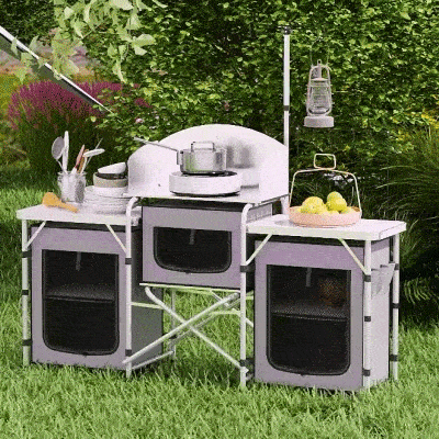 Outsunny Campingküche, klappbar, Windschutz, 3 Stofffächer, Aluminiumrahmen, 172x48x130cm, Grau/Silber