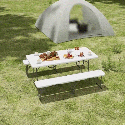 Outsunny Conjunto de Camping Plegable de Mesa y Bancos Asas para Exterior 180x74x74 cm y 182x28x42 cm Blanco