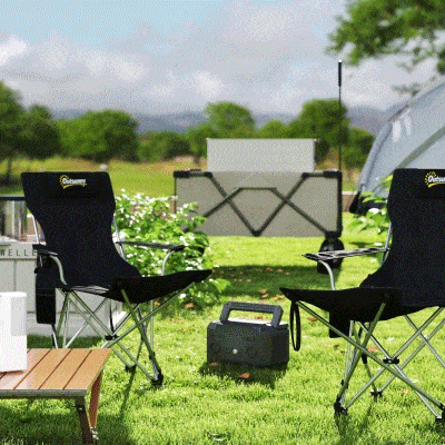 Outsunny Set van 2 Opvouwbare Campingstoelen met Afneembare Voetsteun en Bekerhouder, Belastbaar tot 120 kg - Zwart