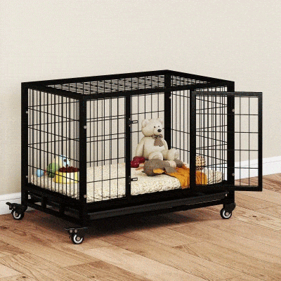 PawHut Gaiola de Metal para Cães com Rodas e Freios Bandeja Removível e Porta com Trava para Golden Retriver Labrador 92x62x75cm Preto