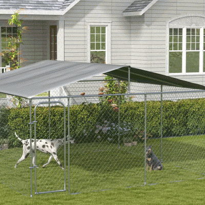 PawHut Perrera de Exterior con Toldo Anti-UV Impermeable Puerta con Pestillo y Marco de Metal Galvanizado 4x4x2,3 m Plata