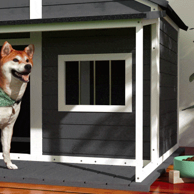 PawHut Domek dla psa na zewnątrz, z werandą, odporny na warunki pogodowe, 124 cm x 112 cm x 105 cm, Szary + Biały