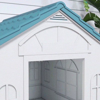 PawHut Casa para Cães 65x75,7x63 cm Casa para Cães com Janelas e Teto com Telhas de Imitação para Cães Médios Azul e Branco