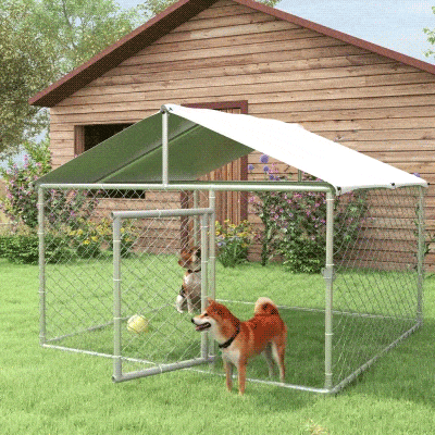 PawHut Canil de Exterior para Cães Médios Gaiola para Cães com Fechadura Toldo Impermeável e Anti-UV 200x200x150 cm Prata