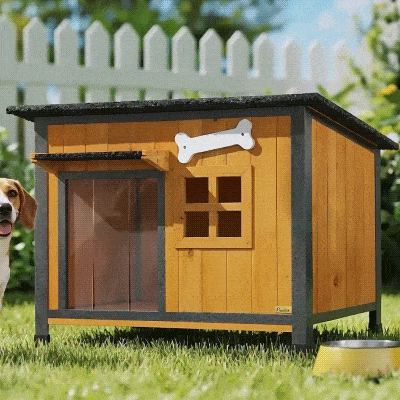 PawHut Außenhütte für Hunde aus Holz und Stahl, aufklappbares Dach und Türvorhang, Gelb