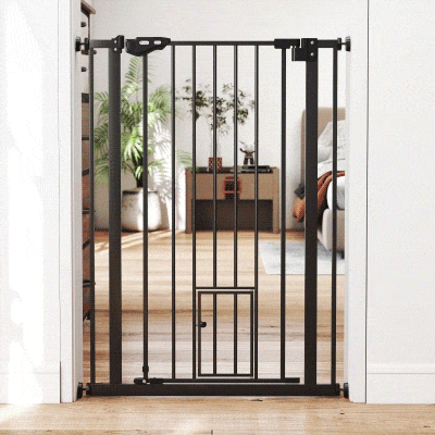 PawHut Extra Tall Pet Gate Black 74-80cm with Cat Flap