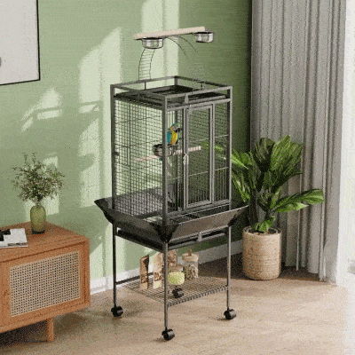PawHut Gaiola para Pássaros com Suporte e Rodas 62,5x62,5x156cm Gaiola Metálica para Aves com Ponte de Arco 2 Poleiros 4 Comedouros 2 Bandejas Removíveis e Prateleira Inferior Cinza