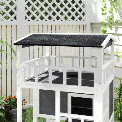 PawHut® Domek dla Kota 4-poziomowy z Toaletą Balkon Dach Asfaltowy Drewno Szary