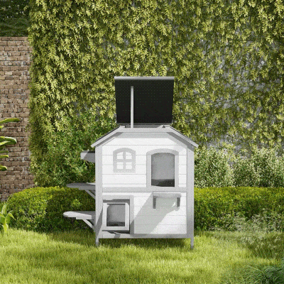PawHut Dom dla Kota z Drewna, Zewnętrzny Schron dla Kota z Schodami, 2 Piętra, Schronienie dla Kotów do 4,5 kg, Biały, 99,5 x 76 x 91 cm