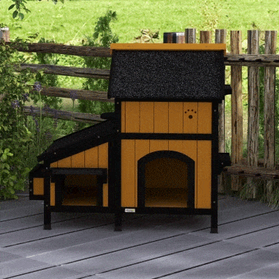 PawHut Casa para Gatos de Madeira com Suporte para Flores de 2 Níveis e Teto Asfáltico 96x65x85,5 cm Madeira e Preto