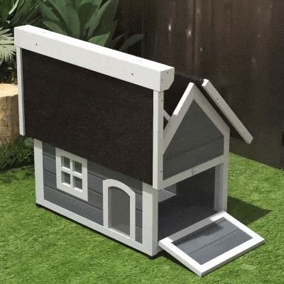 PawHut Casa para Gatos de Madeira com Telhado Asfáltico Rebatível Janela e Portas com Cortina 77x57,5x68 cm Cinzento e Preto