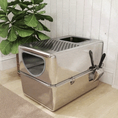 PawHut Caixa de Areia para Gatos em Aço Inoxidável XL  com Pá Aberturas Duplas Fácil de Limpar 60x39,6x40,1 cm Prateado