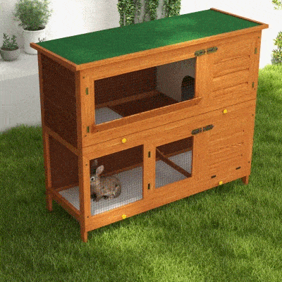 PawHut Coelheira de Madeira Exterior de 2 Níveis Gaiola para Coelhos com Teto Asfáltico Dobrável Rampa Portas e 2 Bandejas Removíveis 120x48x100cm Madeira