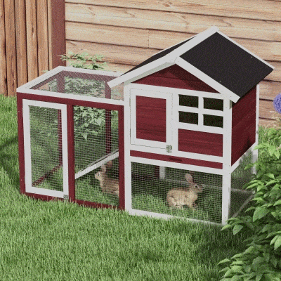 PawHut Coelheira de Madeira Exterior de 2 Níveis Gaiola para Coelhos Animais Pequenos com Zona Aberta Teto Asfáltico Bandeja Removível e Rampa 122x62,6x92cm Marrom Avermelhado