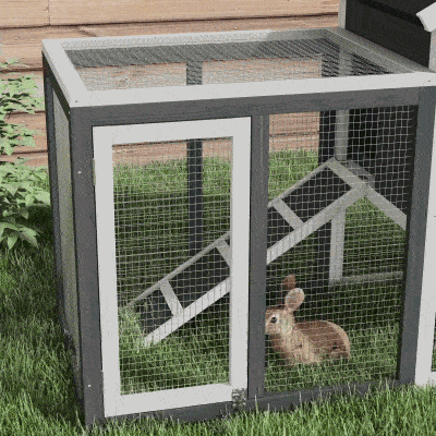 PawHut Jaula para Conejos con Zona Abierta Techo Asfáltico Bandeja Extraíble y Rampa para Exterior 123,5x62,6x92,5 cm Gris