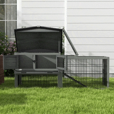 PawHut Coelheira Exterior de Madeira 150x52x68 cm Gaiola para 1-2 Coelhos com Teto Asfáltico Abatível Bandeja Amovível e Rampa Cinza