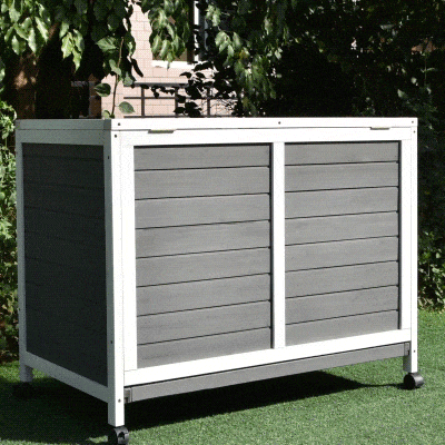 PawHut Coelheira de Madeira com Rodas 91,5x53,5x73cm Gaiola para Coelhos de 2 Níveis com Bandeja Amovível e Rampa Cinza