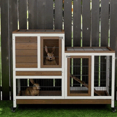 PawHut Coelheira de Madeira com Rodas Gaiola para Coelhos de 2 Pisos com Rampa e 2 Bandejas Removíveis 110x50x86cm Marrom
