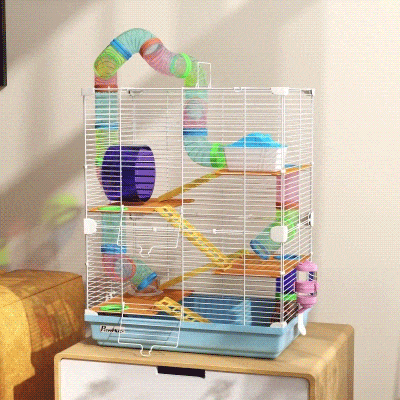 PawHut 5-Tier Hamster Cage with Wheels & Tunnel Light Blue