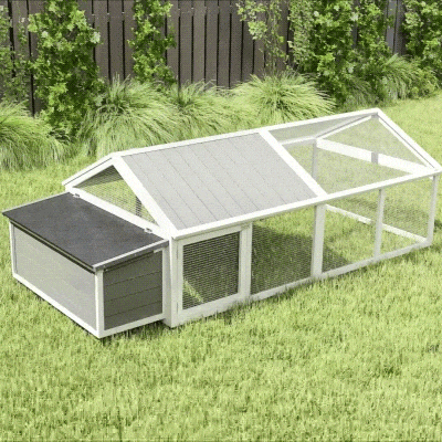 PawHut Galinheiro de Madeira para 4-8 Galinhas com Teto Abatível Portas com Fechadura e Caixa Ninho 240x112,5x76 cm Branco